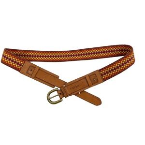 Fossil check plaid woven leather belt Size M boho‎ artsy festival western